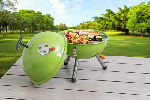 Kamino BBQ Mini-bola BBQ con tres patas, Barbacoa para acampar con mini parrilla de acero y sistema de admisión de aire, color verde, Ø aprox. 32 cm, Altura aprox. 42 cm