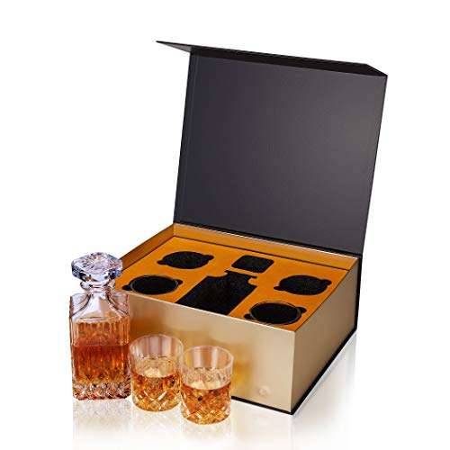 KANARS WD02 Jarra de Whisky, 5 Piezas, 100% Libre de Plomo Cristalino Resistente Botella de Whisky Set para Scotch, Bourbon, 750ml Decantador y 4 Vasos de Whisky 300ml, Caja de Regalo de Lujo