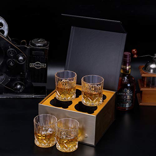 KANARS WG02 Juego de 4 Vasos de Whisky, Vaso de Whisky Robusto Cristalino 100% Sin Plomo para Escocés, Borbón y Más, 300ml, Caja de Regalo de Lujo