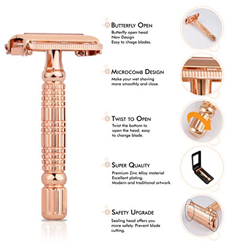 Kanzy Maquinilla de Afeitar de Doble filo Clásica Butterfly para Hombre y Mujer Set de Afeitado con Espejo Integrado Adecuado para Todos Cuchilla de Afeitar Clasica - Rosegold