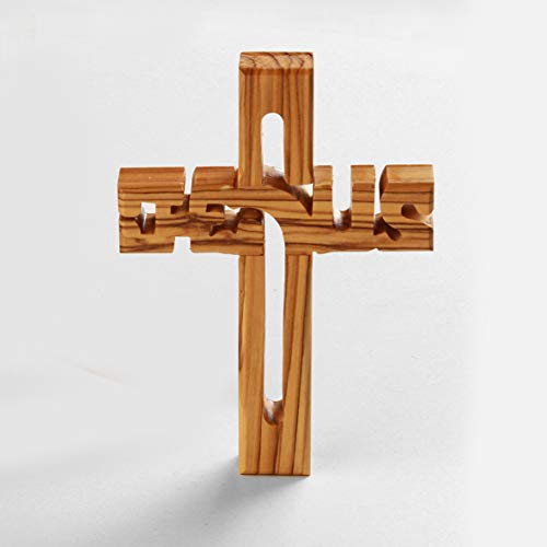 KASSIS Cruz de madera de olivo `JESUS` para colgar 12 cm - hecha en Belén