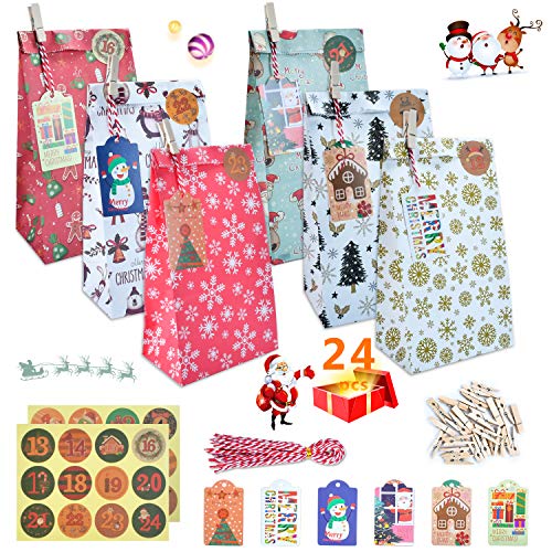 KATELUO 24 Calendario de Adviento,Bolsa de Papel Navideña,24 Bolsas de Regalo de Papel Artesanal, 24 Números Autoadhesivos,24 Clips de Madera y Cuerda de Algodón y Etiqueta (Navidad)