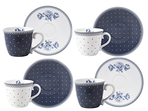 Katie Alice "Vintage Indigo Taza de café y platillo, Azul, 4 Piezas