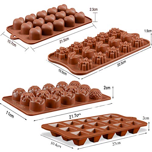 KBstore 4 Pack Moldes de Bombones de Silicona - Forma de Corazón Flor Piramide Molde de Silicone para Chocolate/Caramelo de Café/Cubo de Hielo/Gelatina/Pequeño jabon