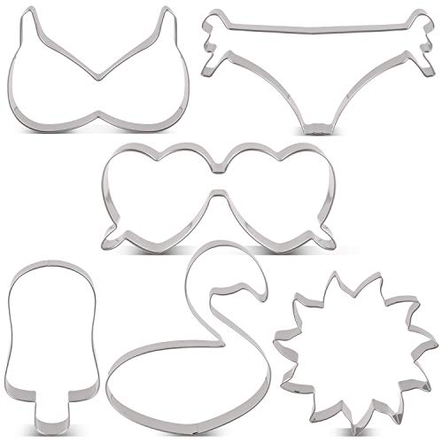 KENIAO Playa de Verano Cortadores Galletas Bikini Moldes Galletas - 6 Piezas - Parte Superior Bikini, Parte Inferior Bikini, El Sol, Flotador Flamenco, Palo Hielo y Gafas Sol - Acero Inoxidable