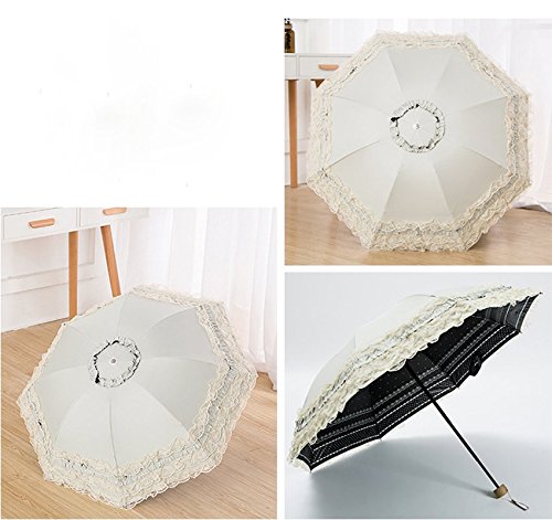 Kentop Mujer Plegable Punta Sol Rege nschir Lluvia Paraguas Resistente al Viento Protección UV Parasol Paraguas, Encaje, Weiß, 96 * 60cm