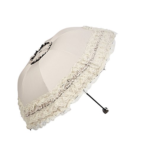 Kentop Mujer Plegable Punta Sol Rege nschir Lluvia Paraguas Resistente al Viento Protección UV Parasol Paraguas, Encaje, Weiß, 96 * 60cm