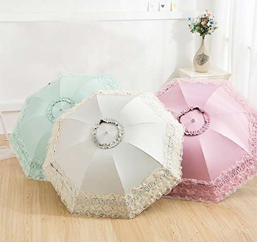 Kentop Mujer Plegable Punta Sol Rege nschir Lluvia Paraguas Resistente al Viento Protección UV Parasol Paraguas, Encaje, Weiß, 96 * 60cm