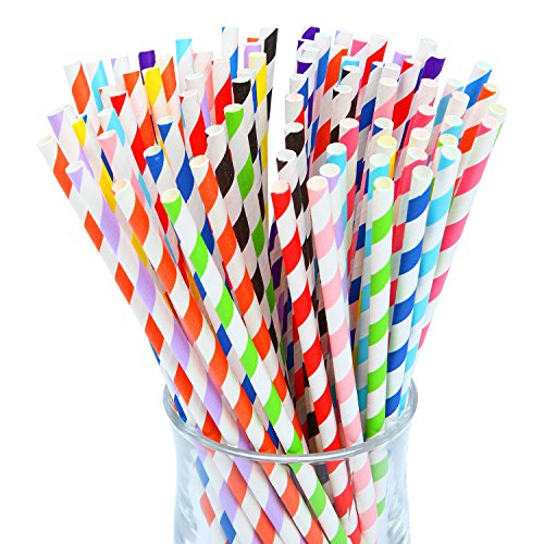 Keriber - Pajitas de papel (300 unidades, biodegradables, pajita de rayas con pajitas para beber a granel, para bodas y regalos de fiesta, 12 colores)