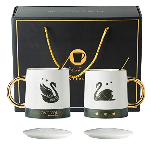 KFB Taza de Café de Cerámica del Patrón de Cisne de la Taza de té con la Tapa y la Cuchara, para el Regalo, Hogar, Oficina 400Ml