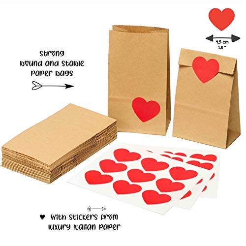 kgpack 100x Bolsas de papel kraft DIY Con pegatinas corazón 9 x 16 x 5 cm | Bolsas de papel Kraft para niños | calendario de adviento | Bolsa de regalo de fondo plano | Bolsa de papel de alimentos