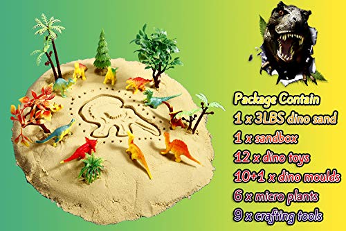 KiddosLand Arena Mágica de 3 lbs, Arena Play Sand Figuras de Dinosaurios y Criaturas prehistóricas de Juguete Never Dry Molding Juguetes de Arena DIY Juguete de Interior para Niños