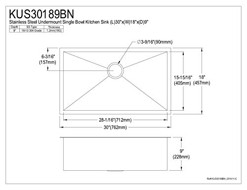 Kingston Brass Gourmetier KUS30189BN Towne Square 30 pulgadas x 18 pulgadas x 9 pulgadas Undermount Zero Radius Single Bowl fregadero de cocina, acero inoxidable cepillado