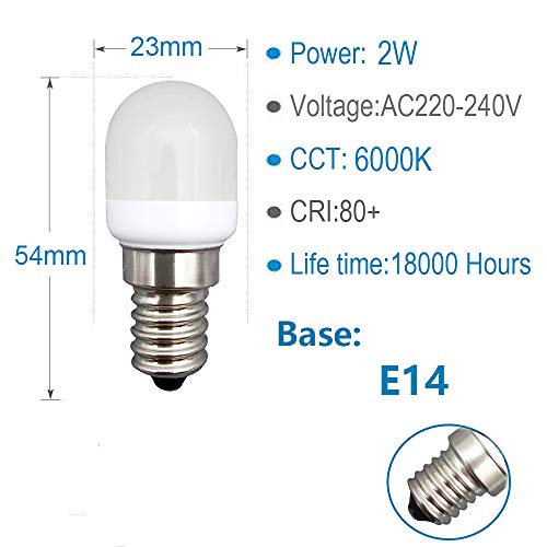 KingYH 2 Pieza LED Frigorifico Lámpara 2W E14 LED Bombilla ESE Blanco Frío 6000K 180LM Equivalente 20W Halógeno Regulable para Campana Extractora Máquina de Coser [Eficiencia Energética A++]