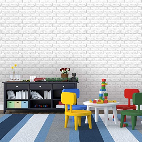 KINLO 5 Piezas 77 x 70 cm Pegatina de Pared 3D PE Espuma DIY 3D Ladrillo Pegatina Pared Sticker Autoadhesivo Wall Paneles Impermeable Azulejos de la Pared del Arte para Decoración (Blanco)