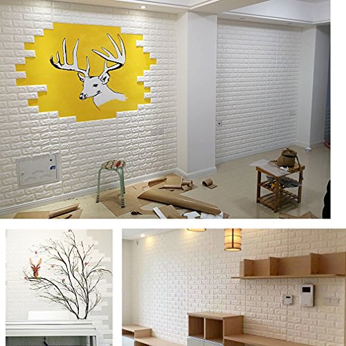 KINLO 5PCS DIY Pegatina de Pared Ladrillo 70 * 77 * 1CM Más Espeso Papel Pintado Autoadhesivo Panel Pared Impermeable PE Espuma Decoración de Pared(Color Blanco)