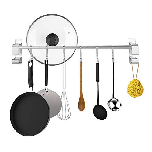 KINLO Baldas Pared Adhesiva Sin Perforar Colgador NO SE OXIDARÁ de Aluminio con 6 Ganchos para Utensilios de Cocina/Baño Barra organizadora para Ropa/Toalla/Cuchara/Sartén -Plata 40CM Soporte 5KG