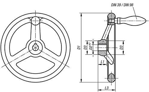 Kipp mano Rueda con Nut aluminio, productos: aluminio, D2 = 16, D1 = 180, 1 pieza, k0160.3180 X 16