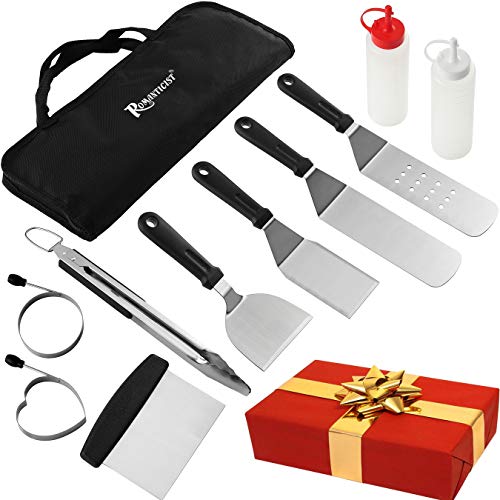 Kit de Accesorios para Barbacoas - 11PC Juego de Espátula de Acero Inoxidable con Bolsa de Transporte - Dispositivo de Barbacoa para Barbacoas Resistentes - Ideal para Cocinar con Tapa Plana