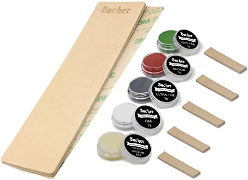 Kit de bricolaje un suavizador de cuero (Asentador o Afilador) BACHER Premium STROP. Lamina de cuero curtido ruso Juchtenleder (206mm x 56mm), cinta adhesiva 3M, kit de 4 x 7g compuestos de afilado