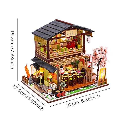 Kit de casa de muñecas DIY 3D ensamblado Sushi ShopDollhouse miniatura DIY House Kit creativo habitación con muebles, restaurante de sushi japonés