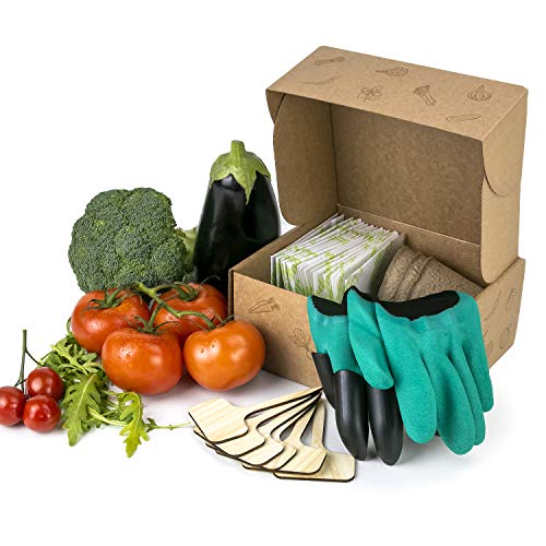 Kit de cultivo de semillas de verduras y hierbas italianas – Juego completo de cultivar su propio jardín – Guantes con garras – 20 paquetes de semillas – Ideal regalo de jardinería