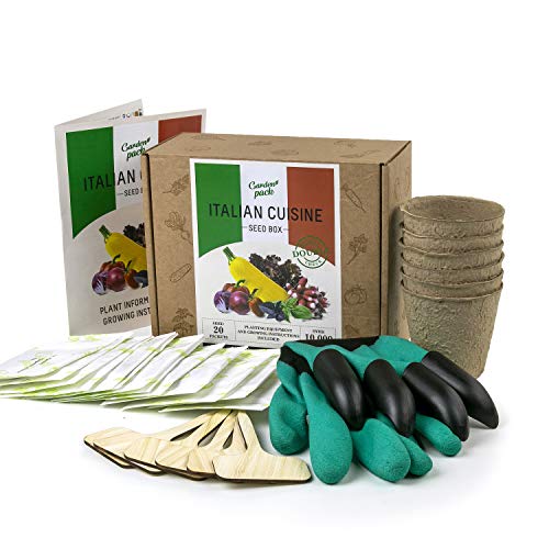 Kit de cultivo de semillas de verduras y hierbas italianas – Juego completo de cultivar su propio jardín – Guantes con garras – 20 paquetes de semillas – Ideal regalo de jardinería