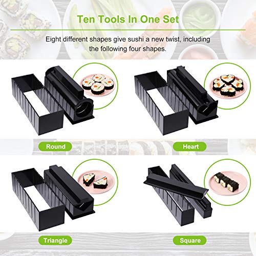 Kit de Hacer Sushi para Principiante 10 Herramienta de Plástico de Fabricar Sushi Completa con 8 Formas de Molde de Rollo de Arroz de Sushi Tenedor Espátula Herramienta de Sushi Casera Bricolaje