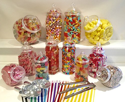 Kit para fiestas tamaño grande con 12 frascos surtidos, dos palas, dos pinzas, 100 bolsas, de estilo victoriano vintage, para candy bar