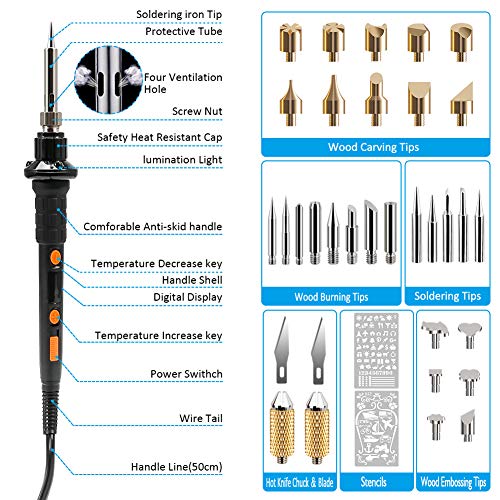 Kit Pirograbador de Madera, ZOTO 48 Piezas Pirograbado 135 W Temperatura ajustable de 90°C - 480°C con luz LED Pantalla LCD para grabado de cuero reparación de soldadura