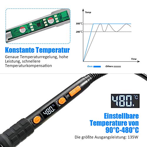 Kit Pirograbador de Madera, ZOTO 48 Piezas Pirograbado 135 W Temperatura ajustable de 90°C - 480°C con luz LED Pantalla LCD para grabado de cuero reparación de soldadura