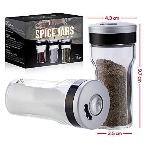 KitchenGet - Juego de Tarros Para Especias – 6 Botes esparcidor especias de cristal – Cada tarro 80 ml