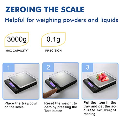 KitchenTour balanza de cocina digital - 3000 g / 0,1 g de alta precisión La exactitud Escala Carne Alimentos multifunción con Retroiluminados Pantalla LCD (pilas incluidas)