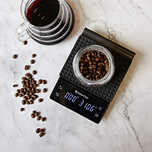 KitchenTour - Báscula de café con temporizador, 3 kg/0,1 g, alta precisión para verter sobre goteo, con pantalla LCD retroiluminada (pilas incluidas)