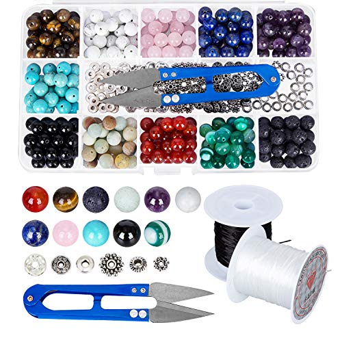 Kits de cajas de cuentas de piedra 264 piezas 8 mm redondo suelto Gemstone Natural Amatista Lave piedra Amazonlite varios colores con accesorios herramientas para hacer joyas de pulsera