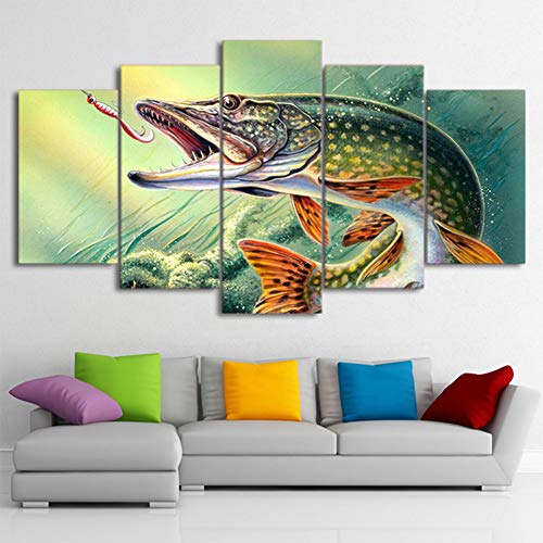 KKJJ Cuadro en Lienzo Oceano Tejido-No Tejido Pez Diente de Sierra Pintura de Diseño 5 Piezas Pintura Mural la Pared del Mar HD Impresiones de Arte,Frameless,Size 1