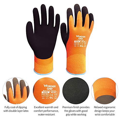 KKmoon Wonder Grip WG-338 Thermo Plus Guantes de trabajo resistentes al frío Guantes de jardinería de doble capa recubiertos con látex Medio