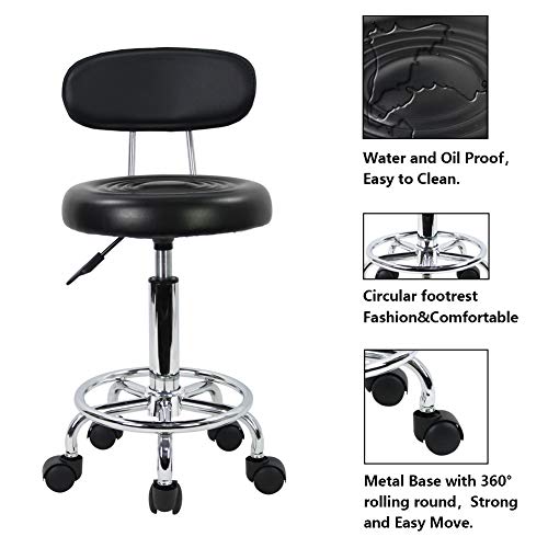 KKTONER Taburete Moderno de Cuero PU con Respaldo y Respaldo Giratorio Ajustable en Altura para salón de Trabajo Silla giratoria con reposapiés (Negro)