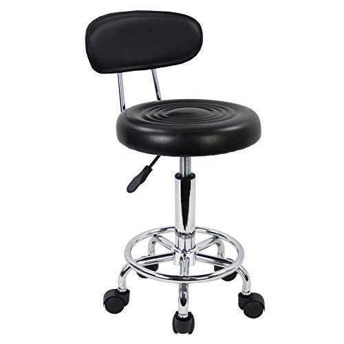 KKTONER Taburete Moderno de Cuero PU con Respaldo y Respaldo Giratorio Ajustable en Altura para salón de Trabajo Silla giratoria con reposapiés (Negro)