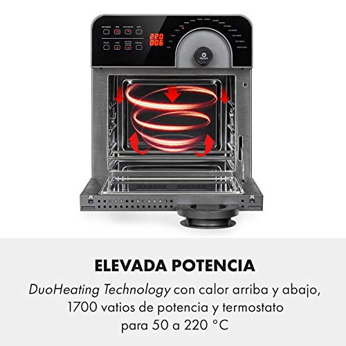 Klarstein AeroVital Cube Chef Freidora de aire caliente - 1700 W, 50- 220 °C, Pincho giratorio, Tecnología DuoHeating, Volumen interior 14 L, Pantalla táctil, 16 programas, Ventana panorámica, Negro