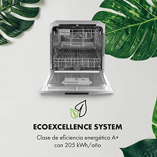 Klarstein Amazonia - Lavavajillas, Máquina lavaplatos, 8 programas: intensivo, normal, ECO, vidrio, 90 minutos, rápido, fruta, autolavado, Pantalla LED, Plateado