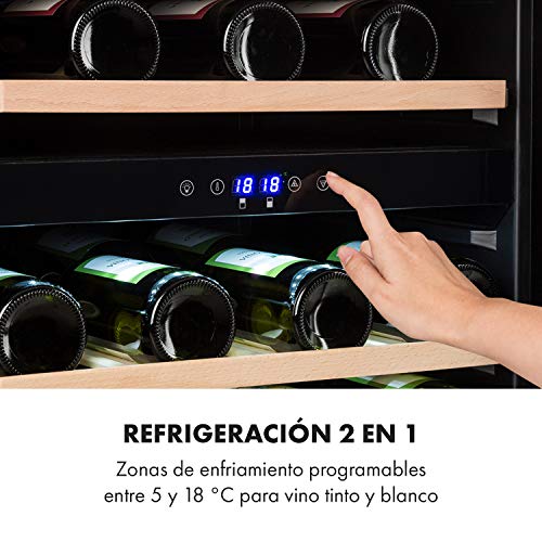 KLARSTEIN Barossa - Refrigerador para vinos, 2 Zonas, Temperatura Regulable 5-18 °C, Estantes de Madera rebatibles, Pantalla LCD, Iluminación Interior LED, Puerta de Vidrio, 41 Botellas, Negro