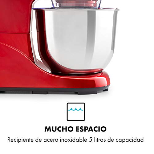 Klarstein Bella Pico 2G - robot de cocina, mezclador de alimentos, 1200 W / 1,6 PS, 6 niveles con efecto pulso, sistema de rotación planetaria, cuenco de 5 litros de capacidad, 3 piezas, rojo