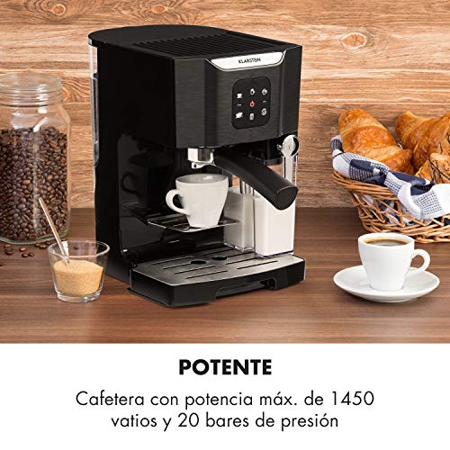 Klarstein BellaVita TotalBlack Edition Máquina de café - Cafetera 3 en 1: para capuccino, espresso y latte macchiato, espumadora de leche, 1450 W, Depósito con capacidad de 1,4 lt, Autolavado, Negro