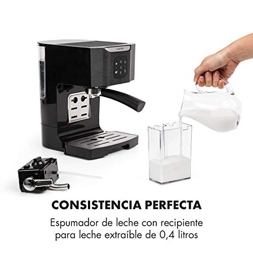 Klarstein BellaVita TotalBlack Edition Máquina de café - Cafetera 3 en 1: para capuccino, espresso y latte macchiato, espumadora de leche, 1450 W, Depósito con capacidad de 1,4 lt, Autolavado, Negro