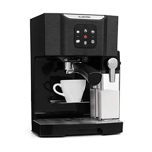 Klarstein BellaVita TotalBlack Edition Máquina de café - Cafetera 3 en 1: para capuccino, espresso y latte macchiato, espumadora de leche, 1450 W, Depósito con capacidad de 1,4 lt, Autolavado, Negro