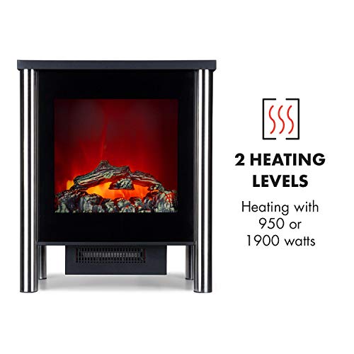 Klarstein Copenhagen - Chimenea eléctrica, Calefacción con termostato, Función de calefacción conmutable, 950 ó 1900 W, Efecto Llama, Frente de Cristal, Negro