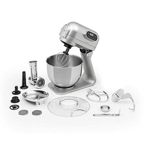 Klarstein Curve Plus robot de cocina - Mezcladora de 5 litros, Picadora de carne 4 en 1, Multifunción, Rotación planetaria, Aluminio, Accesorios, Plateado