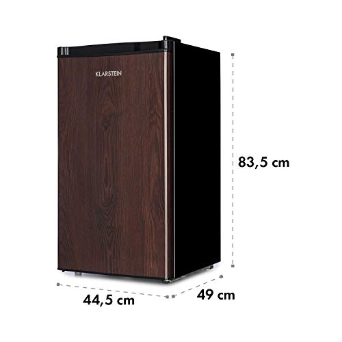 Klarstein Feldberg Nevera, Eficiencia energética clase A+, Volumen: 90 litros, Concepto MirageCool: Puerta con diseño externo de madera, compartimento de enfriado, Emisión de sonido: 42 DB, negra