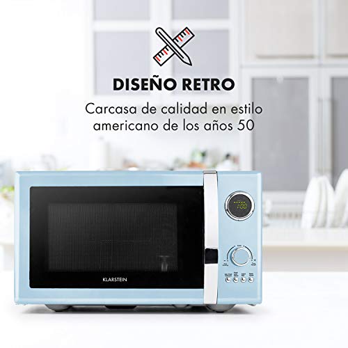 Klarstein Fine Dinesty Microondas Grill Retro - Carcasa metálica, 23 L, 800 W de potencia de microondas, 1000 W de potencia del grill, Programable, 12 programas, pantalla LCD, Azul